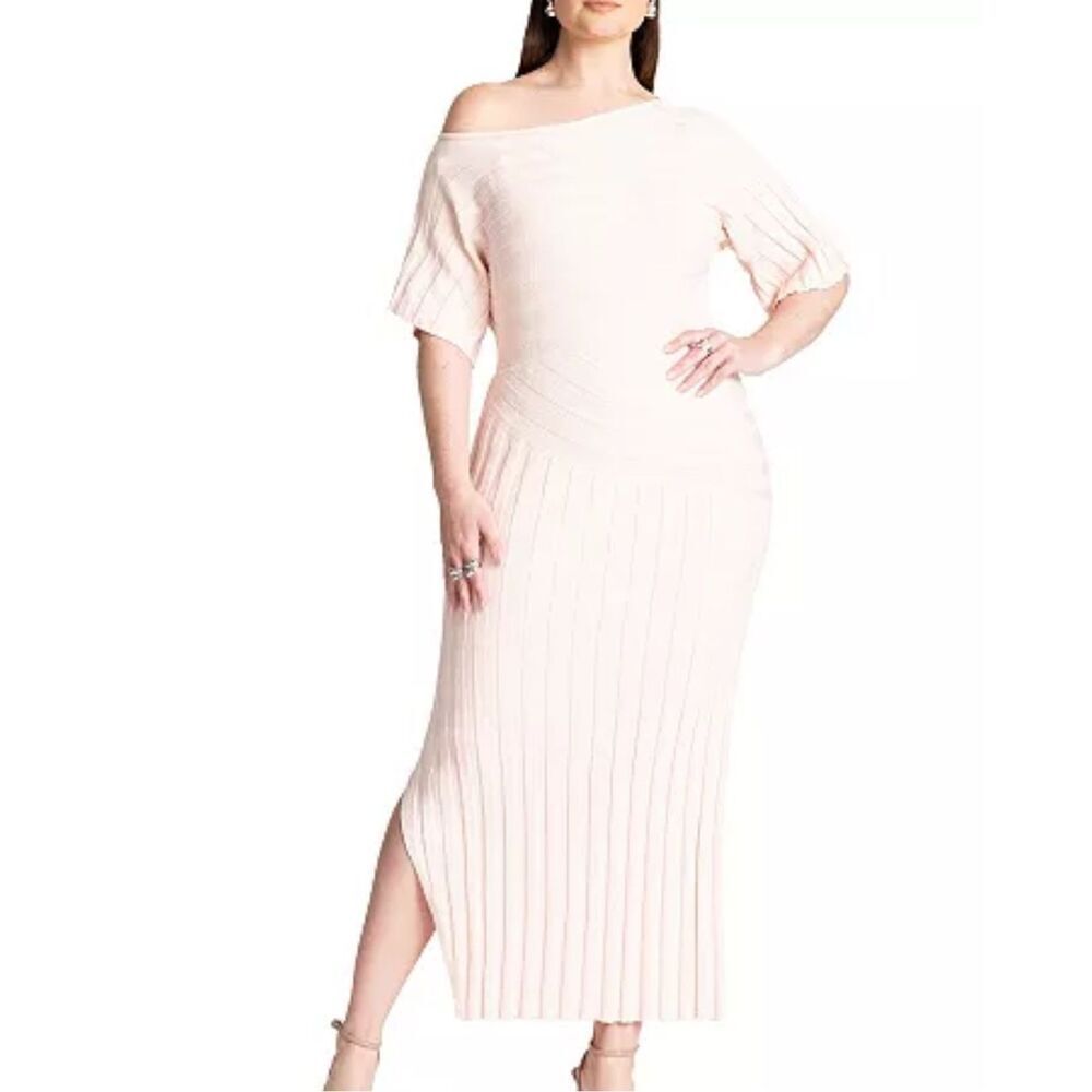 ELOQUII Mixed Directional Rib Midi Dress Peach Plus Size 14/16 Nwt